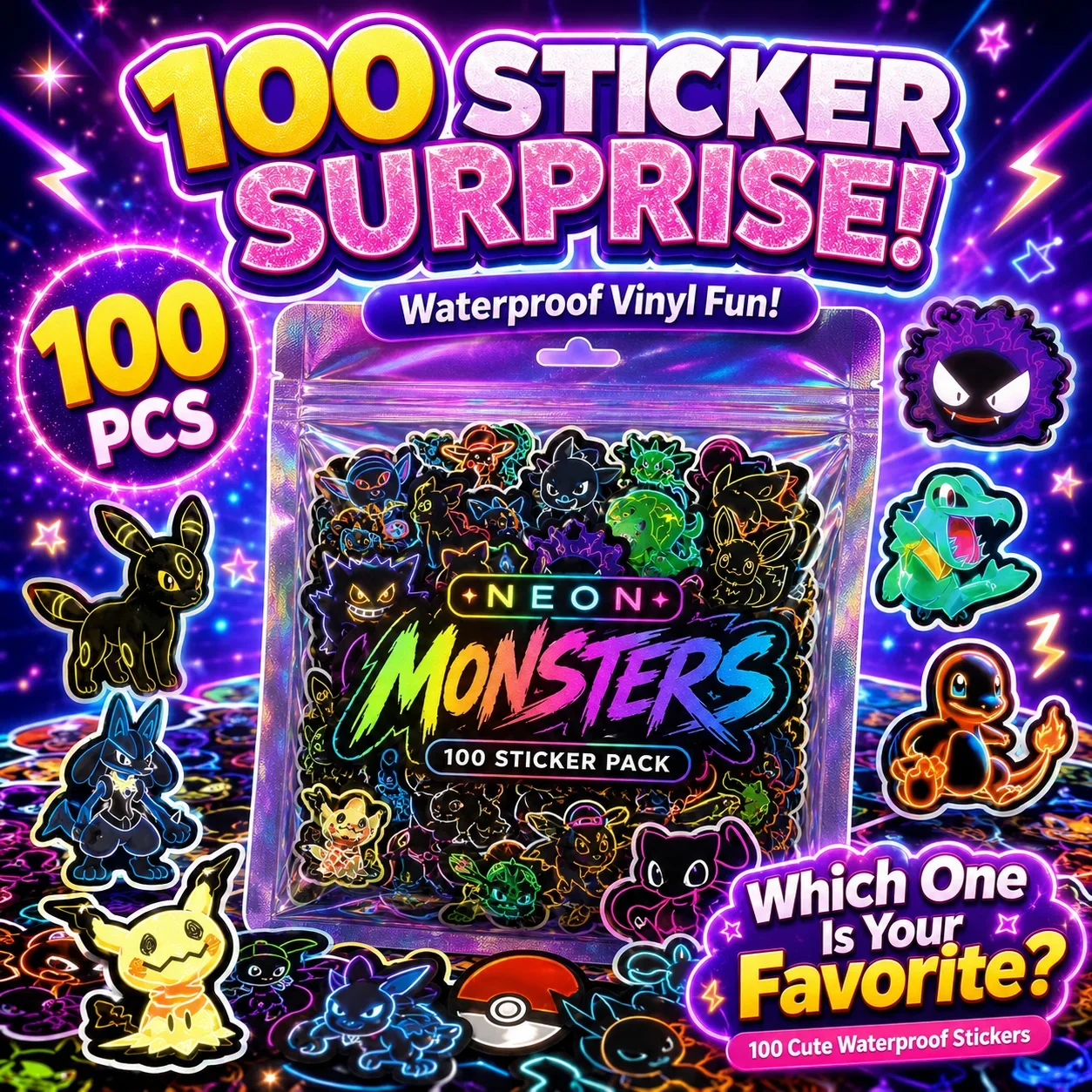 100pcs Neon  Pokémon  Stickers - Handbags review and price